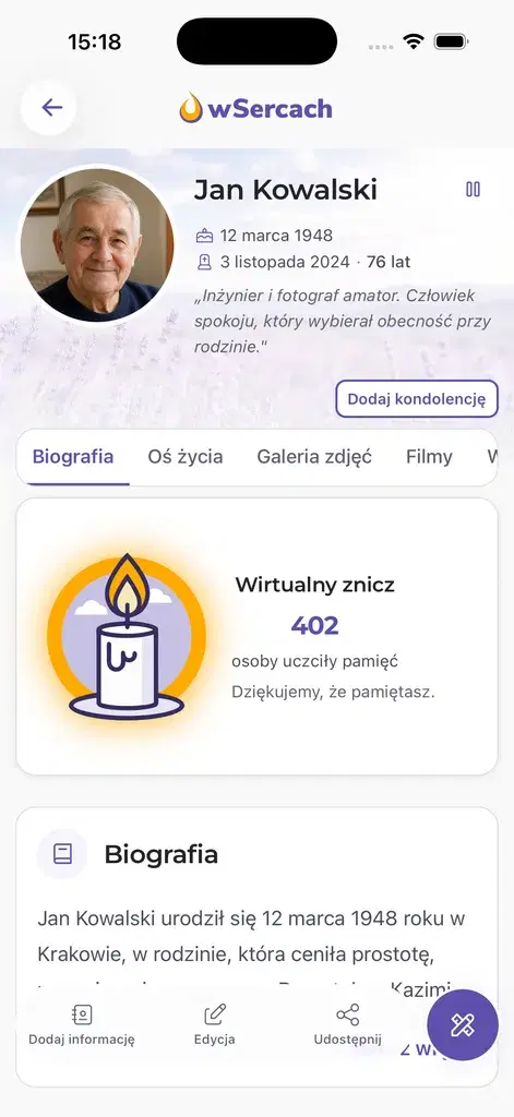 Profil wspomnienia i wirtualny znicz